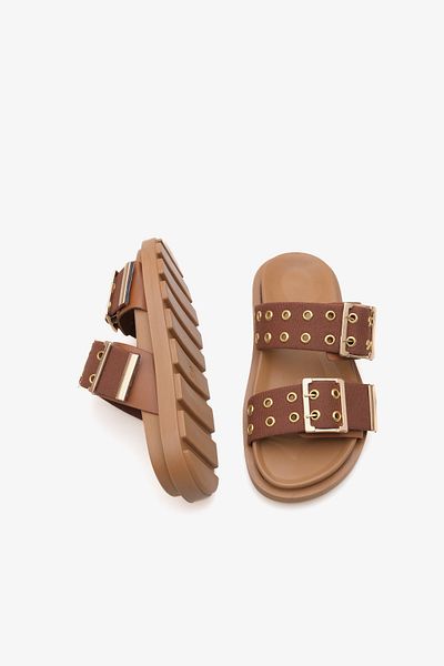 LOJO Γυναικείες παντόφλες casual με διπλό λουράκι χρυσή πόρπη χοντρή σόλα kea