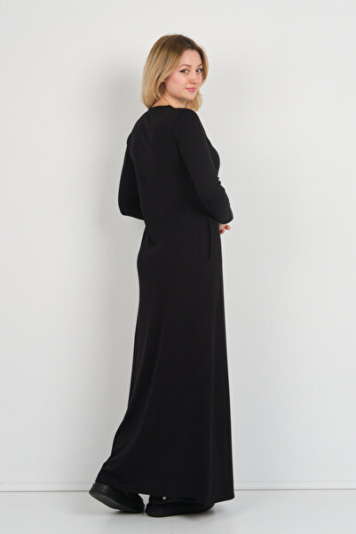 Sistas Women's V-Neck Double Pocket Slim Stripe Detailed Maxi Dress 23813 Black