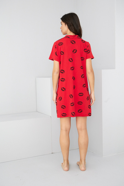 Siyah İnci kırmızı siyah dudak desenli Boydan Düğmeli Gömlek Yaka Gecelik Elbise 7830