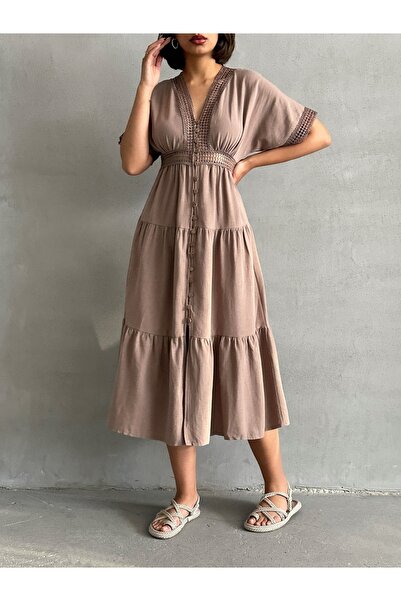 BEJNA Γυναικείο φόρεμα με λεπτομέρεια από λινό δαντέλα βιζόν