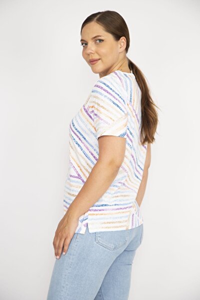 Şans Bluză cu mânecă scurtă, colorată, de mărime mare, din bumbac, cu decolteu, 65n36606