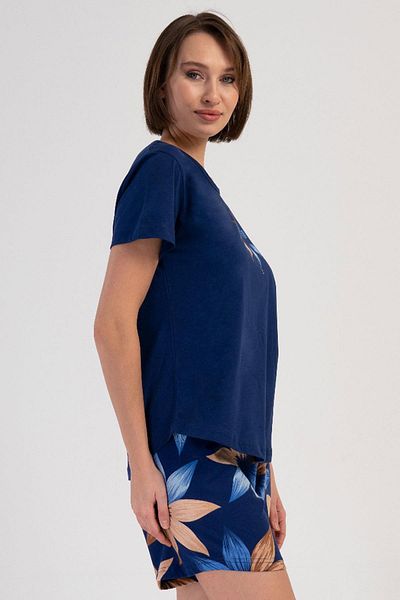 VİENETTA Women's Large Size Short Sleeve Navy Blue Shorts Pajama Suit C4T9N4O804