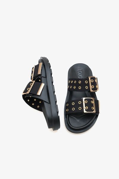LOJO Women's Double Band Gold Buckle Thick Sole Casual Slippers Kea
