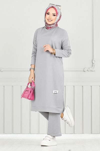 ModaMerve Arma Detail Hijab Σετ 6032UZ1029-M Γκρι