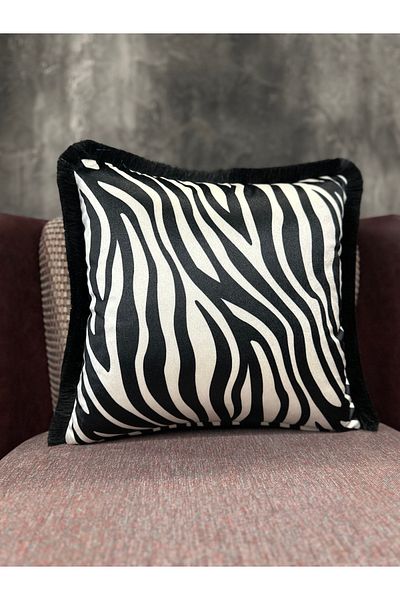 Fabricland Catifea de mătase importată crem-negru - teacă cu ciucuri cu imprimeu zebră (față-verso)