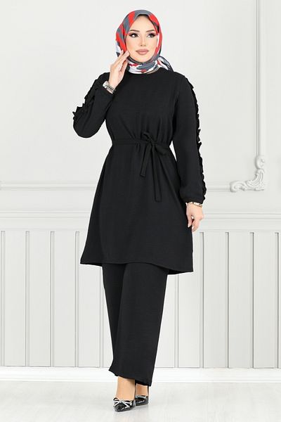 ModaMerve Aerobin Suit with Ruffled Sleeves 6015Uz1029-M Black