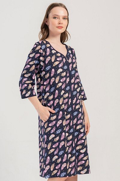 VİENETTA Women's Large Size Capri Sleeve Zippered Navy Blue Home Dress C7T2N1O904