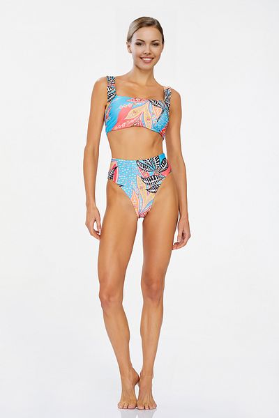 Bravie High Waist Thick Strap Tropical Patterned Bustier Bikini Set 3782