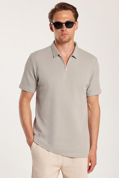 Tudors Men's Slim Fit Slim Fit 100% Cotton Zippered Gray Polo Neck T-Shirt