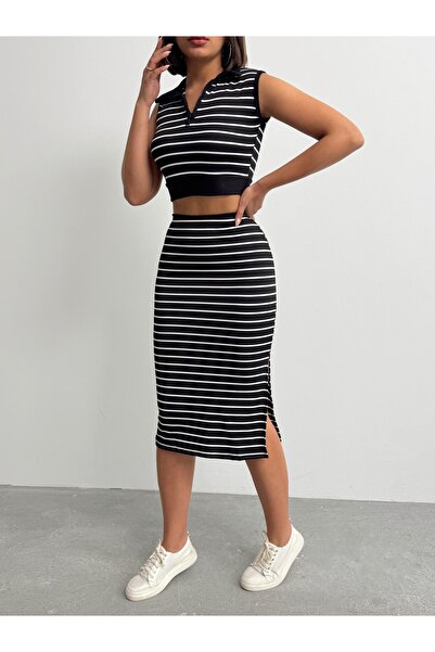 BEJNA Női fekete csíkos póló nyakú szoknya alsó felső szett