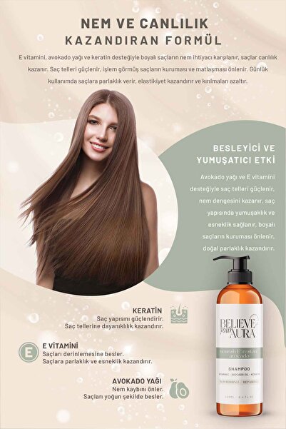 Believe Your Aura Avokado Yağı Şampuanı - E Vitamini Keratin %100 Doğal Besleyici Onarıcı Saç Bakım Şampuanı - 400 ml