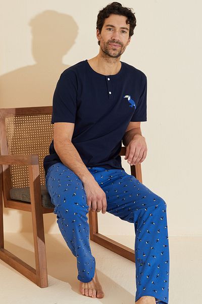 Siyah İnci Navy Blue Patterned Crew Neck Knitted Pajama Suit 25109833