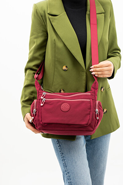 Sanmorris 4005 Women's Multi-Eye Water Resistant Crinkle Fabric Adjustable Cross Strap Shoulder Bag Claret Red