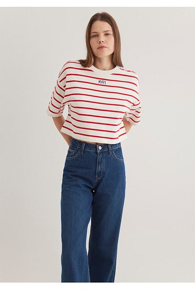 Mavi Logo Printed Crop Red Striped Women's T-Shirt