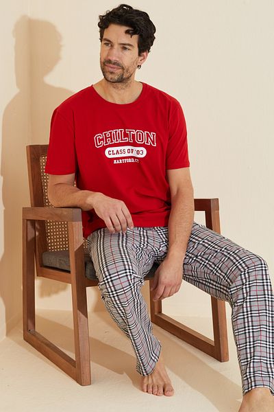Siyah İnci Κόκκινο μοτίβο Crew Neck εμπριμέ πλεκτό κοστούμι πιτζάμα 25109842