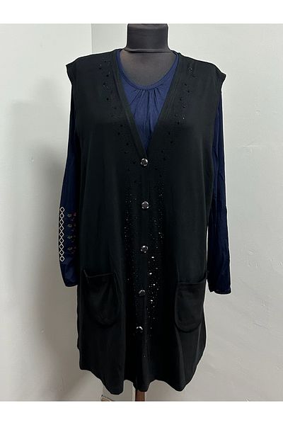MSA Giyim Women's Stone Detailed Pocketed Seasonal Mother's Vest Buttoned Combed Cotton Mother's Vest