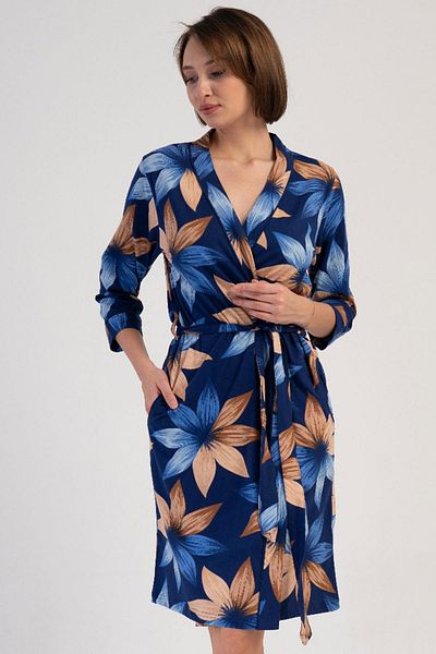 VİENETTA Women's Capri Sleeve Navy Blue Dressing Gown C7T9N4O804