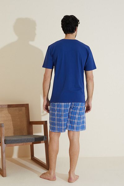 Siyah İnci Saks Blue Patterned Crew Neck Knitted Shorts Suit 25109645