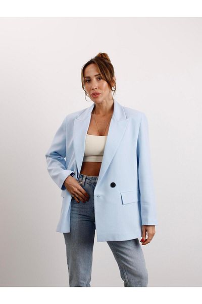 Maldia Shop Women's Polyviscon Fabric Lined Baby Blue Blazer Jacket