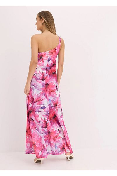 Şans Women's Plus Size Colorful, One Shoulder , Crepe Fabric, Floral Print Long Dress 65N38963