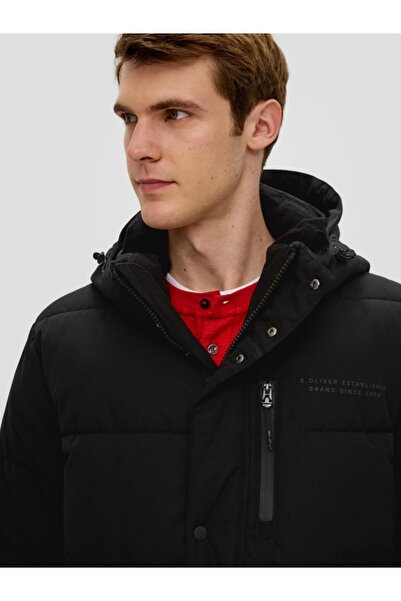 s.Oliver Men's long jacket, with detachable hood, with logo, Black, 2XL