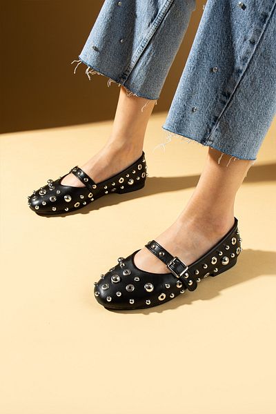 Pembe Potin Women's Ballerinas Black Stone Trock Banded Lightweight Comfortable Sole Stylish Casual Shoes