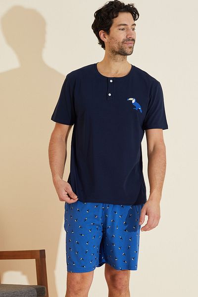 Siyah İnci Navy Blue Patterned Crew Neck Knitted Shorts Suit 25109633