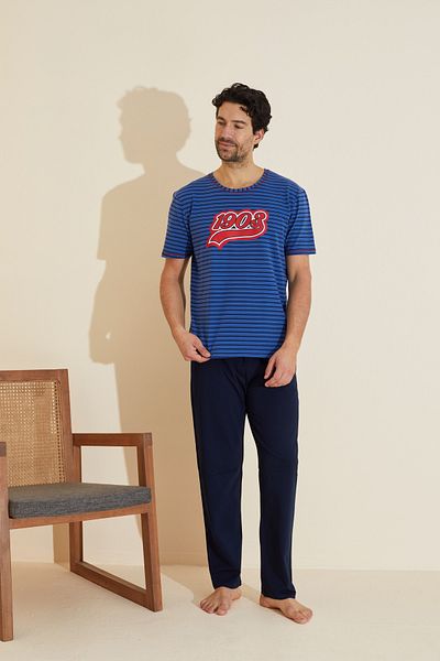 Siyah İnci Saks Navy Blue Stripe Patterned Crew Neck Printed Knitted Pajama Suit 25109829