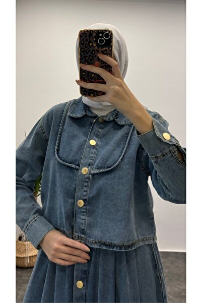 Suede Style 9196 - Set de cămașă și fustă din denim pentru femei, elegant și confortabil, cu detalii cu nasturi