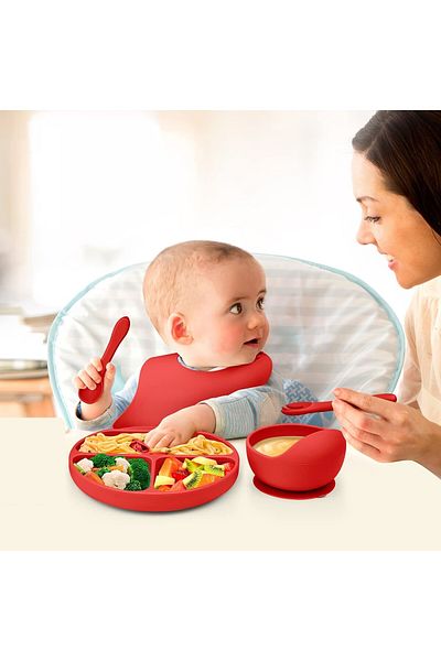 Flippy Set Diversificare 5 Piese Silicon, Bavoar, Farfurie Și Bol Cu Ventuză, Tacâmuri, Roșu