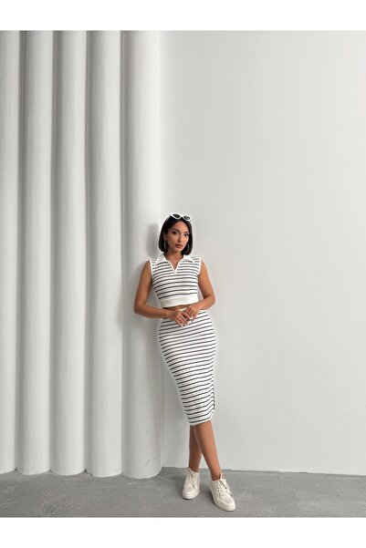 BEJNA Női fehér csíkos póló nyakú szoknya alsó felső szett