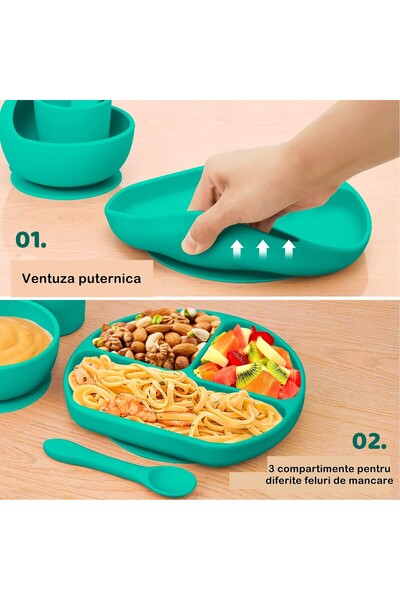 Flippy Set Diversificare 5 piese, Silicon, Bavetă, Farfurie și Bol cu Ventuză, Tacâmuri, Verde