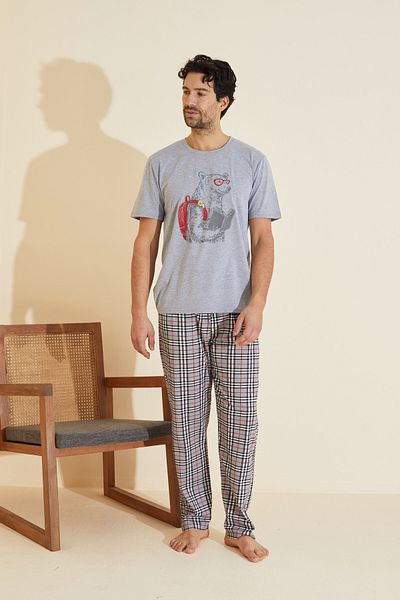 Siyah İnci Gray Patterned Crew Neck Knitted Pajama Suit 25109832