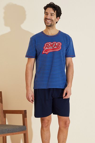 Siyah İnci Saks Navy Blue Stripe Patterned Crew Neck Printed Knitted Shorts Set 25109629