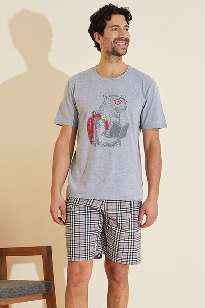 Siyah İnci Gray Patterned Crew Neck Knitted Shorts Suit 25109632