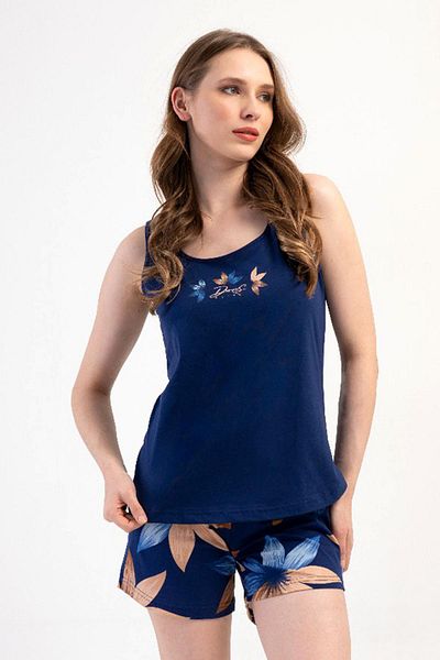 VİENETTA Women's Thin Strap Navy Blue Shorts Pajamas Suit Viscose C3T5N0O904