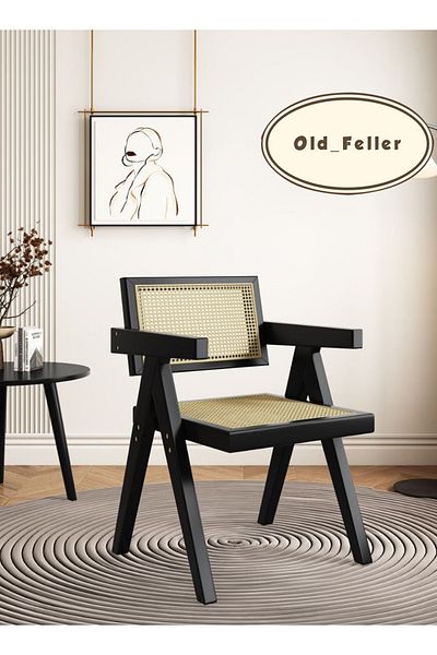 Old_Feller Vintage Chandigarh Chair with Rattan Seat, Black for Dining, Living Room, Office, Cafe