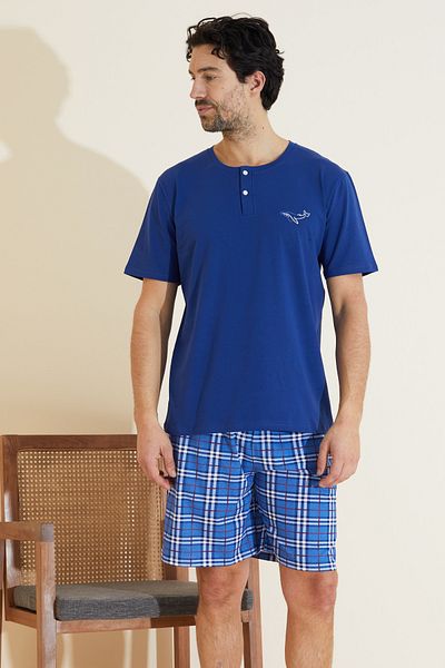 Siyah İnci Saks Blue Patterned Crew Neck Knitted Shorts Suit 25109645