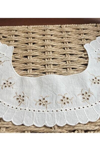 Parça Kumaş Dünyası Pamuk FİSTO Yetişkin Yakalık Krem Renkte Kahverengi Nakış...