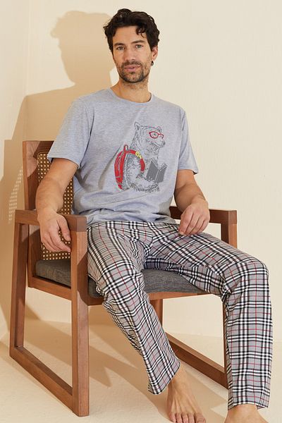 Siyah İnci Gray Patterned Crew Neck Knitted Pajama Suit 25109832