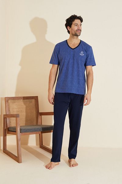 Siyah İnci Navy Blue Patterned Crew Neck Knitted Pajama Suit 25109834