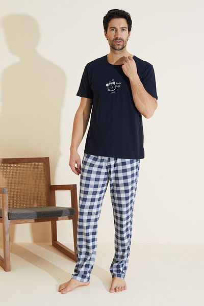 Siyah İnci Navy Blue Patterned Crew Neck Knitted Pajama Suit 25109848