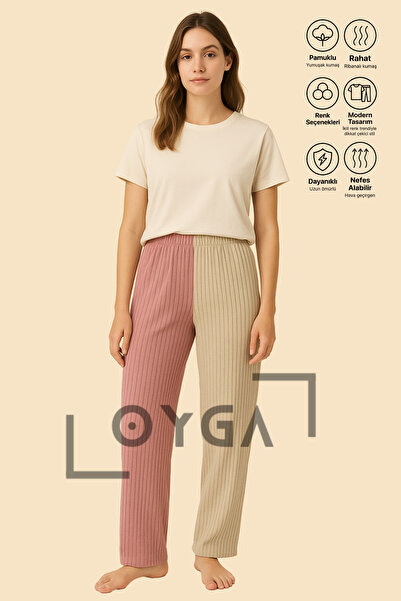 Oyga Γυναικείο πάτο πιτζάμα με ραβδώσεις Colorblock 3 τεμαχίων – Συνδυασμός χρωμάτων μόδας