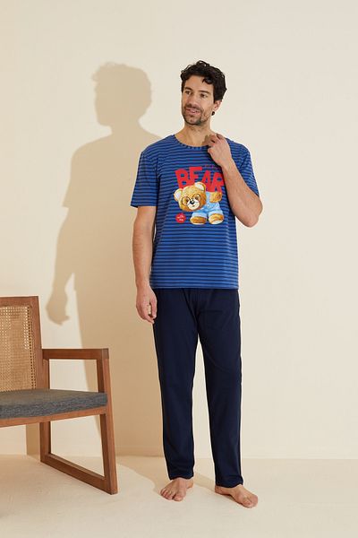 Siyah İnci Saks Navy Blue Stripe Patterned Crew Neck Printed Knitted Pajama Suit 25109840