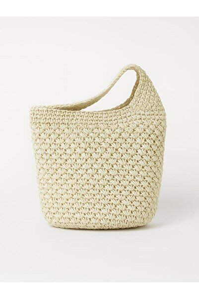 Luminos Butik Μπεζ Στρογγυλή Πλεκτή Τσάντα Μποέμικου Στυλ – Κατάλληλη για Παραλία και Καθημερινή Χρήση 35x33 εκ.