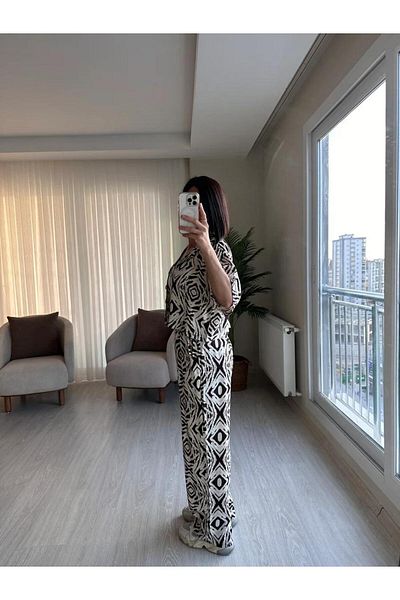 EGELİMODA Viscose Patterned Brown Double Suit with Summer Crop Shirt