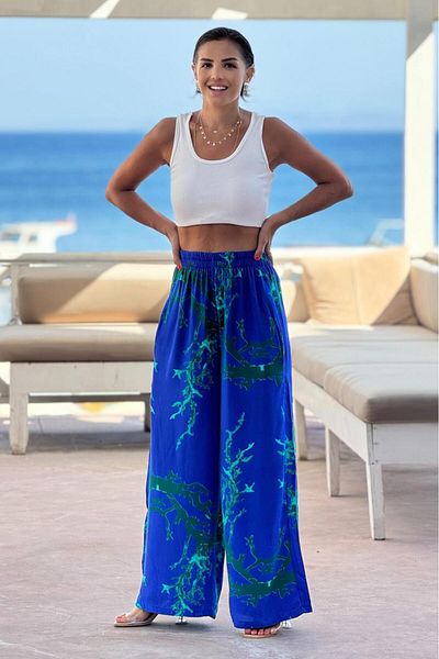 Nevin Kaya Moda Pantaloni Palazzo albaștri cu model oceanic