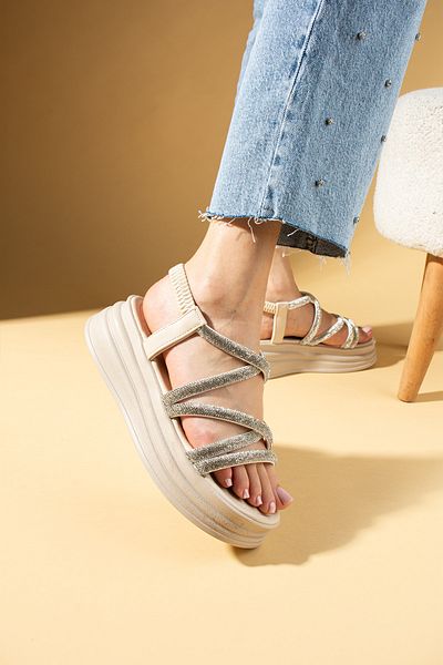 Pembe Potin Women's Beige Stone Comfortable Sole Stone Conford Daily Stylish Sandals