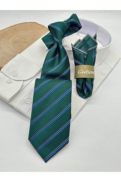 Gutiero Classic Tie with Green Striped Handkerchief