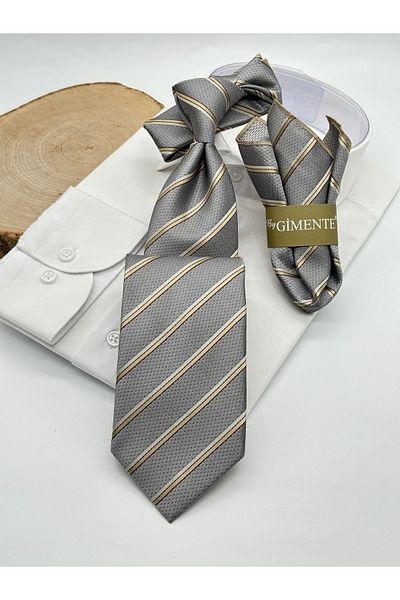 Gutiero Classic Necktie with Gray Striped Handkerchief